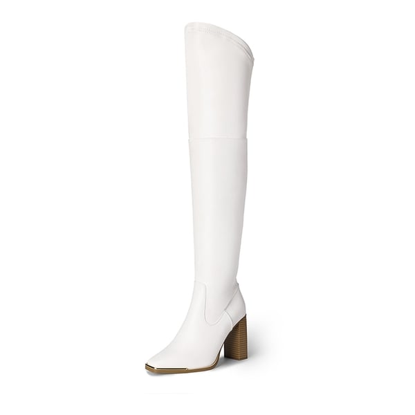 Square Toe High Heel Over The Knee Boots - WHITE PU -  0
